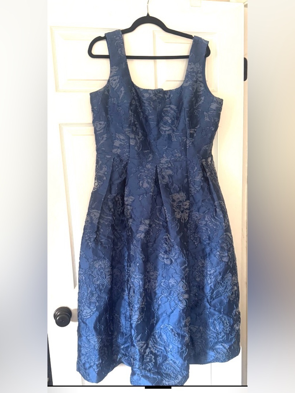 Kay Unger Navy Blue Floral Jacquard Midi Dress
